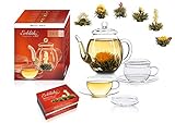 Erblüh-Tee Genießerset - Glas Teekanne 0,5l, 2 Tassen, 6 Teeblumen
