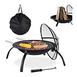 Relaxdays XL Feuerschale, mit Tasche, Grill Rost, Schürhaken, Funkenschutz Deckel, Garten, Terrasse, D 56,5 cm, schwarz