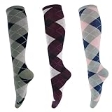 ACTOYS 3 Paar Karierte Reitsocken, Knie Stiefelsocken, Kniestrümpfe Damen, Modische Radsocken mit Karomuster, Warm und Bequem(Burgunderrot, Schwarz und Grau) (Baumwollmischung, Dreifarbig)