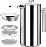 KICHLY Cafetiere 8 Tassen Edelstahl French Press Kaffeebereiter, Kaffeepresse mit 3 Stufen Filtrationssystem – Doppelwandig Isolierte Kaffettiere mit 1 Extra Filter – 1000ml / 34oz – Silber
