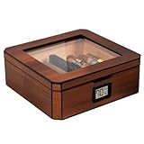 CASE ELEGANCE MAG Desktop-Humidor, Walnuss-Finish, fasst 20–30 Zigarren, Glasplatte mit Magnetverschluss, achteckige Form, digitales Hygrometer, spanisches Zedernbraun