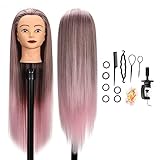 GUANJUNE Schaufensterpuppe Kopf, Friseur Trainingskopf Friseur,26-28 Zoll 100% Kunstfaser Kosmetik Puppenkopf mit Klemmhalter + Haaraccessoires Set,Geschenke für Mädchen (Farbverlauf Pink)