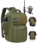 BlesMaller 2 in 1 Angelrucksack mit Rutenhalter kleine Angeltasche 25L taktische Angeln Schultertasche militär Rucksack für Angeln Wandern (23x20x37cm) Grün