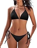 Vijamiy Bikini Damen Set Triangel Sexy Zweiteiliger Badeanzug String Push Up Bikinis Rückenfreies Bikini Top Verstellbare Tanga Bademode(Schwarz,M)