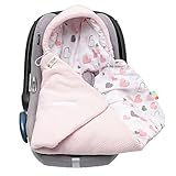 Mikos Baby Einschlagdecke Babyschale Frühling praktische Babydecke mit Kapuze für Neugeborenes (75cmx75cm) 100% Baumwolle Universal für Kinderwagen Buggys, Maxi Cosi 3 Punkt Gurt (39)(Rosa)