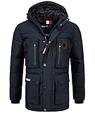 Geographical Norway Herren Winterjacke Parka Jacke Kapuze Hoodstrings Chest, Pocket & Sleeve Patch, navy blau, Gr:S