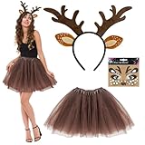 SAIIURV 3 Stück Kostüm Rentier Stirnband Frauen Tierkostüm mit Rentier Haarreif mit Ohren Gesichtstattoo Tutu, Hörner Hirschohren für Damen Karneval Halloween Cosplay Kostüm Tier Ohren Haarreif (3PCS)