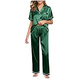 Damen-Schlafanzug-Set aus Seide – Damen-Seiden-Pyjama-Set, kurzärmelige Hemden und lange Hose mit Brusttasche, Loungewear, Pyjama-Set, Knopfleiste, Nachtwäsche, Seidensatin-Pyjama-Set, grün, XL