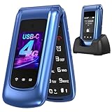 USHINING 4G Seniorenhandy Klapphandy ohne Vertrag, Mobiltelefon Großtasten Handy für Senioren mit 2,4 und 1,77 Zoll Dual Farbdisplay Dual-SIM SOS-Notruftaste USB-C Ladestation Kurzwahl Wecker, Blau