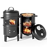Warmiehomy Räucherofen 3 in 1, Räuchertonne Smoker Grill Holzkohlegrill mit Deckel, Eingebautem Thermometer und Verstellbaren Lüftungsschlitzen, Grilltonne für Hinterhof, Camping & Kochen, 80x40CM