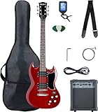 McGrey Rockit Double Cut Komplettset E-Gitarre (8-teiliges Anfängerset mit Gitarre, Verstärker, Ersatzsaiten, Gitarrentasche, Stimmgerät, Plektren, Gurt und Gitarrenkabel) Cherry Red