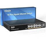 VIMIN 16-Port Gigabit Ethernet Switch mit 2X 1000 Mbit/s Uplink-Ports mit 1000 Mbit/s, 18-Port unmanaged Network Switch unterstützt IEEE802.3af/at, VLAN, Metallgehäuse, Desktop & 19-inch Rackmontage