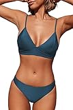 CUPSHE Damen Bikini Set Triangel Breites Unterbrustband Gerippte Bademode Zweiteiliger Badeanzug Blau M