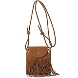 KESUDE Kleine Handtasche Damen mit Quasten - Umhängetasche Hippie Kostüm Damen Crossbody Bag klein Boho Kleidung Damen Handbags for Women, Flower Power, Vintage 70er Mode für Frauen, Braun
