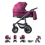 ZEKIWA Kinderwagen 3 in 1 [XL LIEGEFLÄSCHE 82cm] Baby Erstausstattung Neugeborene mit Sportwagenaufsatz, Kombikinderwagen 360° Vorderräder | alle Untergründe | Reisebuggy (Waldbeere)