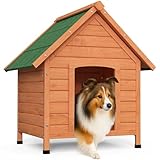 VOUNOT® Hundehütte Outdoor aus Holz, Winterfest & isoliert, Hundehaus mit wasserdichtem Bitumendach, abnehmbarem Boden und rutschfesten Füßen, Naturfarben