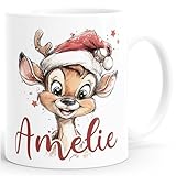 SpecialMe® Kindertasse Weihnachtstiere Rentier Elch Kuh mit Wunschname personalisierte Geschenke Weihnachtstasse Jungen Mädchen Kunststoff-weiss standard
