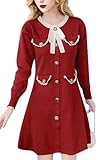 LAI MENG FIVE CATS Damen Strickkleid Knopf Langarm Schleife Rundhals Elegant Casual Minikleid, Rot/Ausflug, einfarbig (Getaway Solids), Klein