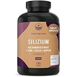 VERGLEICHSSIEGER* Silizium - 240 Kapseln (714mg) - Organisches Silicium hochdosiert 500mg pro Tag - 250mg je Kapsel aus indischem Bambusextrakt - Haar Vitamine - Zink, Selen & Kupfer - TRUE NATURE