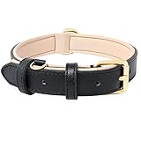 HEELE Hundehalsband, Hundehalsband mit Gepolstert und Echtes Leder, Verstellbar, Halsband für Welpen Kleine Hunde, Schwarz, S