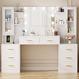 ANWBROAD Große Schminktisch mit verstellbaren 3 Farben LED-Beleuchtung und Steckdosen Modern Weiß Schminktisch mit Spiegel 8 Schubladen 2 Schränke Frisiertisch 150x135x40cm BDT67W