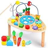 ZHUSI Aktivität Tisch für 1+Jahr, 6 in 1 hölzerne Montessori Spielzeug mit Angeln Spiel Perle Labyrinth Form Sorter Spielzeug, Baby Sensorik Spielzeug, 1st Geburtstag Geschenke für Mädchen Jungen