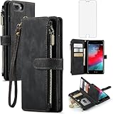 Asuwish Handyhülle für iPhone 7 Plus/8 Plus Hülle mit Folie Schutzfolie Kartenfach Klappbar Leder Geldbörse Ständer i 7Plus 8Plus + 7+ 8+ Handy Hüllen Schutzhülle Reißverschluss Phone Case Schwarz