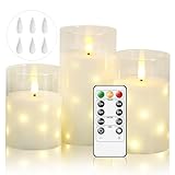 Cnulenzt Glas Flammenlose LED Kerzen, Batteriebetriebene mit eingebetteter Sternschnur-Lichterkette, led kerzen Mit Fernbedienung und Timer, Hochzeit, Home Decor, 3er-Set（weiß）