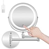JKSVTF Wiederaufladbarer beleuchteter Make-up-Spiegel Wandhalterung mit dimmbaren Lichtern, 10-facher Make-up-Spiegel mit Lichtern und Vergrößerung, Touchscreen, Doppelquellen-Kosmetikspiegel