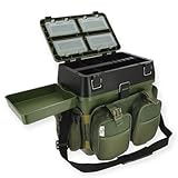CarpDeal Sitzkiepe - Angel Koffer - Angel Rucksack 3 in 1 Inklusive 4 Tackle-Boxen für Angelzubehör im Deckel mit gepolsterter Sitzfläche und Trageriemen inkl. Ablagefach Angelstuhl Set