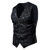 Gemusterte Herren-Anzugweste mit V-Ausschnitt, einreihige Weste, lässig, schmale Passform, formell, weich, vielseitig, Business-Jacke, lässiger Druck, Weste für Hochzeit, Party, Schwarz , XXXL