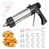 Solivive Gebäckpresse für Spritzgebäck Edelstahl, Spritzgebäck Presse mit 13 Schablonen,8 Tüllen,10 Spritzbeutel und Butterschaber zum Herstellen von Dekorativen Kuchen und Selbstgemachten Keksen