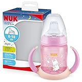 NUK First Choice Trinklernbecher Night | 6–18 Monate | 150 ml | Leuchtet im Dunkeln | Mit Griffen & orthodontischem Silikonsauger | Auslaufsicher | Anti-Kolik | BPA-frei | Pink