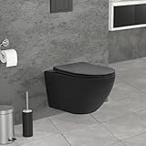 LuxeBath Hänge-WC lang, spülrandlos mit Nano-Versiegelung, schwarz matt, Wand-WC mit WC-Sitz abnehmbar aus Duroplast Softclose Absenkautomatik, Tiefspüler Toilette aus Sanitärkeramik, Tiefspül-WC