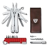 VICTORINOX Multifunktionswerkzeug Swiss Tool Spirit X Plus Ratchet, 36 Funktionen, Swiss Made, Multitool mit Feststellklinge, inkl. Leder-Etui, Silber