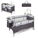 DREAMADE 4 in 1 Reisebett mit Matratze, 120 x 60cm Beistellbett Baby mit Rollen, Babybett Klappbar als Wickeltisch & Laufgitter, Kinderreisebett Baby ab Geburt (Grau)