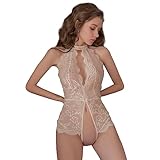 KONFEN Sexy Damen Dessous Set, Erotische Translucent Spitze Riemchen Bodysuit, Nackenband Overall Lingerie mit Loch Reizwäsche BH und Höschen Sets, Verstellbare Offen Body Suit Unterwäsche (Weiß)