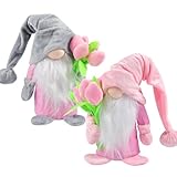 Frühling Wichtel mit Tulpen Blumensträuße, Frühlingsdeko, Handgefertigte Gefüllte Gesichtslose Puppe Zwerg Dekorationen, für Freundin Mama Hochzeitstag Muttertag, 2 Stück
