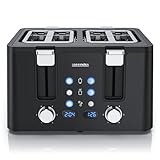 Arendo - Toaster 4 Scheiben Edelstahl - mit Brötchenaufsatz - 4 Schlitze - LED Anzeige Restzeitanzeige – Doppelwandgehäuse - Defrost Funktion - Krümelschublade - 6 Bräunungsgrade - Schwarz