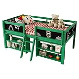 BTBHIHO Kinderbett Hochbett mit Stauraum und Rausfallschutz, Halbhohes Bett mit Leiter, Bücherregal und Zeichentafel, Ohne Matratze 90x200 cm (Grün)