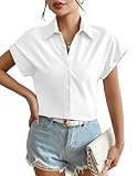 Weardear Bluse Damen Kurzarm Knöpfen Hemden Basic Kent Kragen Arbeit Büro Stretch Slim Fit Formelle Casual Blusen Weiß M