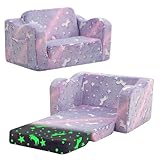 MeMoreCool Kinder-Couch-Sofa, zusammenklappbarer Kleinkindstuhl, Bett, weicher Plüsch, ausklappbar, Kindersessel, Sofa, leuchtet im Dunkeln, bequeme Baby-Liege für Mädchen und Jungen, lila Einhorn