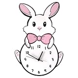 Vesdrtyr Kinder-Wanduhr, batteriebetrieben, leise, nicht tickende Katzen-Wanduhr, analog, niedlich, rosa Wanduhr für Mädchen, Kaninchenliebhaber