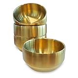 Roucerlin 4 Stück dicke 304 Edelstahlschalen, kleine doppelwandige Reisschüsseln, Edelstahl-Suppenschüssel, Metallschalen für Salat, Obst, Müsli, Nudeln (Gold, 12 cm)