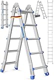 MASKO Aluminium 6in1 Mehrzweckleiter – 20 Sprossen | - 520 cm | 150 Kg, ausziehbar, rutschfest, Multifunktional, Gelenkleiter, Anlegeleiter, Klappleiter, beidseitige Steh- und Treppenleiter | Silber