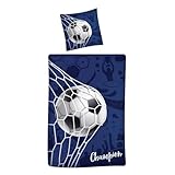 Fußball Bettwäsche Set 135x200 | Kinderbettwäsche/Teenagerbettwäsche Blau für Jungen | Fussball Champion Motiv Ball im Tor