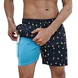 Arcweg Badehose für Herren Jungen Badeshorts mit Kompression Liner 2 in 1 Schnelltrocknend Strandhose Männer Elastisch Surf Shorts mit Reißverschlusstaschen Papagei L（EU