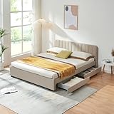 [en.casa] Polsterbett Nofrenna Doppelbett mit 4 Schubladen gepolstert Stauraumbett 160 x 200 cm Bettgestell mit Lattenrost Leinenbezug Beige