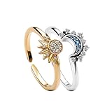 TOFBS 2 Stück Ring Set Sonne Und Der Mond Freundschaftsringe Gold Ringe mit Cubic Zirconia Silber Verstellbar Offene Promise Matching Rings Für Damen Frauen