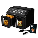 Noaton Dual Pot Digitale Heißluftfritteuse, 6,8 L, Doppelkammer Airfryer, Sync-Funktion, Touchscreen, ohne Öl, 8 Programme, Timer-Funktion, Inklusive Rezeptbuch und Küchenzange, Schwarz